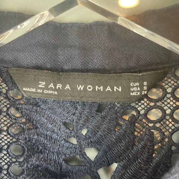 Zara Navy Linen Crochet Leaf Fern Eyelet Lace Tunic Size S - Picture 5 of 6